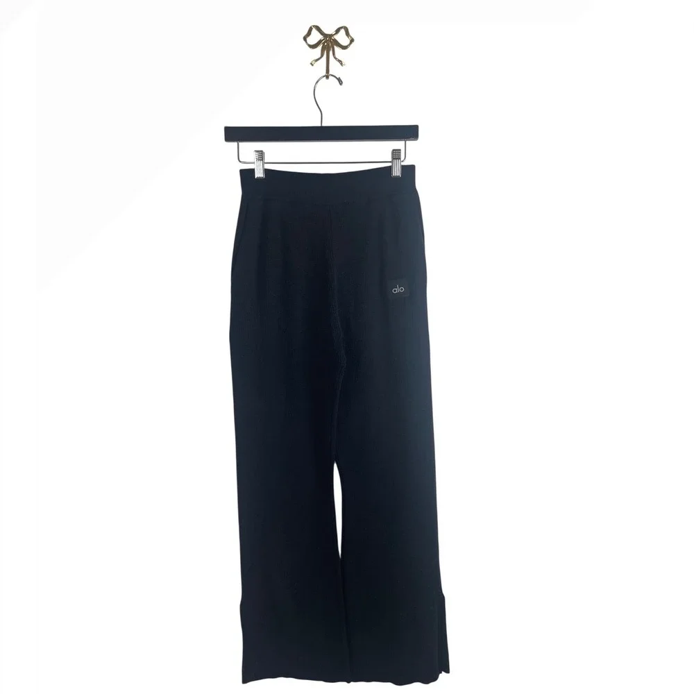 Alo Yoga Salana Knit High-Waist Wide Leg Pant Black Ribbed Side Slit XS